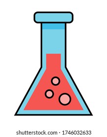 Bombilla cónica de laboratorio de dibujos animados con burbujas aisladas en blanco. Icono web del matraz con líquido hirviendo. Símbolo del matraz de vidrio químico. Un vaso de precipitado lleno de líquido burbujeante. Forma del matraz
