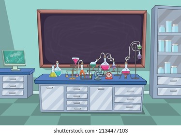 Cartoon laboratory with science experiments. Chemistry Classroom.
