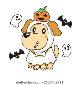 Cartoon labrador retriever cão com traje de halloween para design.