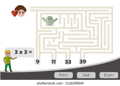 Cartoon labyrinth. Help find the way. Find the path to the heart. Learn the multiplication table. Print and play. Education. Arithmetic. Time test. Modern colors. Print and sell. Girl with heart.