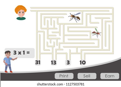 Cartoon labyrinth. Help find the way. Find the path to the heart. Learn the multiplication table. Print and play. Education. Arithmetic. Time test. Modern colors. Print and sell. Wasp icons.