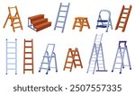 Cartoon ladders. Metal and wooden ladder for household works and repair. Aluminium staircase, home renovation and garden equipment, nowaday vector set