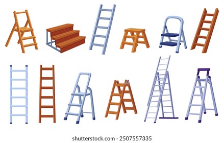 Cartoon ladders. Metal and wooden ladder for household works and repair. Aluminium staircase, home renovation and garden equipment, nowaday vector set