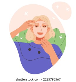 Cartoon lady applying sheet mask, beauty skincare facial routine. Woman care of her skin, day or night mask using cartoon flat isolated flat vector illustration on white background