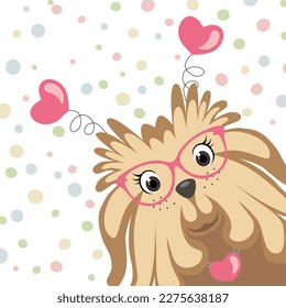 Cartoon lady dog with heart headdress. Valentines day card