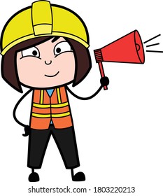 Cartoon Lady Engineer Announcing with Loudhailer