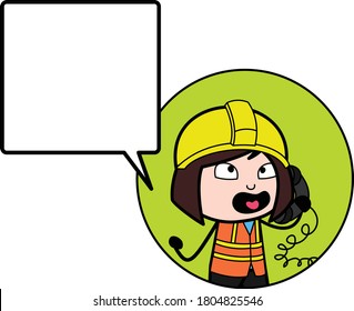 Cartoon Lady Engineer Calling on Cell Phone 