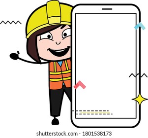 Cartoon Lady Engineer with empty cell phone screen