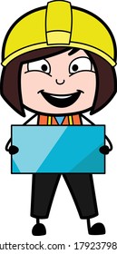 Cartoon Lady Engineer holding a shiny banner