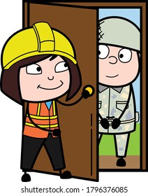 Cartoon Lady Engineer opening Door Character Design Illustration