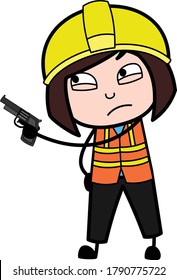 Cartoon Lady Engineer Pointing Gun Design Illustration