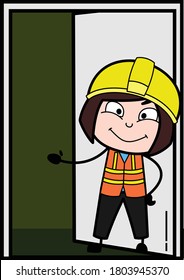 Cartoon Lady Engineer Standing at door