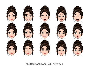 Cartoon Lady face with different facial expressions. Angry, sad, smile, cry, shock, bad, reaction, etc. Vector illustration isolated on white.