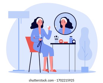 Cartoon lady in front of mirror washing face skin flat vector illustration. Young girl doing morning routine procedures for beauty. Skincare and hygiene concept