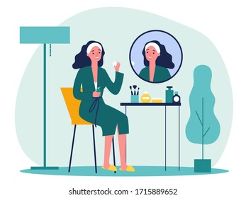 Cartoon lady in front of mirror washing face skin flat vector illustration. Young girl doing morning routine procedures for beauty. Skincare and hygiene concept