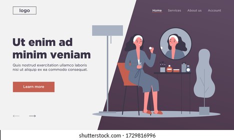 Cartoon lady in front of mirror washing face skin flat vector illustration. Young girl doing morning routine procedures for beauty. Skincare and hygiene concept