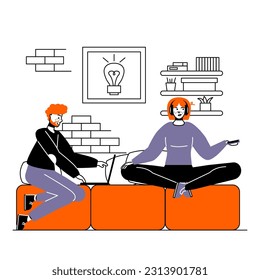 Cartoon lady in headphones sitting on couch and listen to music, young man sitting near and working on laptop. Different workers in coworking space. Business idea for workspace. Vector flat