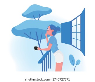A cartoon of lady holding a cup of coffee and stand at the balcony with a view of big tree