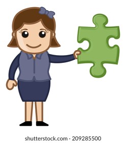 Cartoon Lady Holding a Jigsaw Puzzle Piece - Solution Concept
