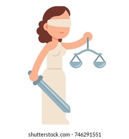 Cartoon Lady Justice, Blindfolded With Scales And Sword. Themis, Greek Goddess Of Law And Justice. Flat Style Vector Illustration.