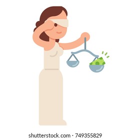 Cartoon Lady Justice taking off blindfold with money on her scales. Bribes and judicial system corruption concept. Flat style vector illustration.