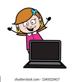 Cartoon Lady Presenting a Laptop Vector
