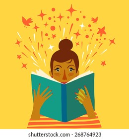  Cartoon lady reading big book. Vector illustration.