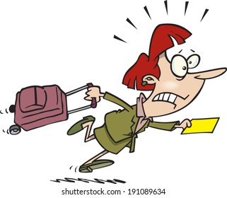 Cartoon Lady Running Late For A Flight