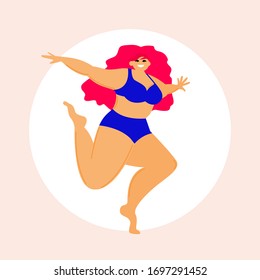 Cartoon lady in swimsuit card template. Summer girl  fashion look for design party card, sale advertising, spa resort poster, t shirt or bag print etc.