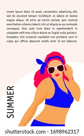Cartoon lady in swimsuit card template. Summer girl  fashion look for design party card, sale advertising, spa resort poster, t shirt or bag print etc.
