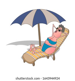 Cartoon lady in a swimsuit is lying on a deck chair under a beach umbrella. Vector illustration.