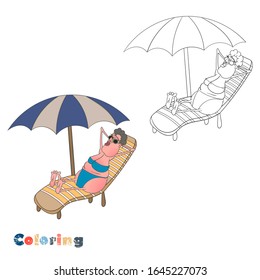 Cartoon lady in a swimsuit is lying on a deck chair under a beach umbrella. Vector illustration in the form of coloring and color example.