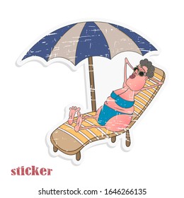Cartoon lady in a swimsuit is lying on a deck chair under a beach umbrella. Vector illustration in the form of a retro sticker.