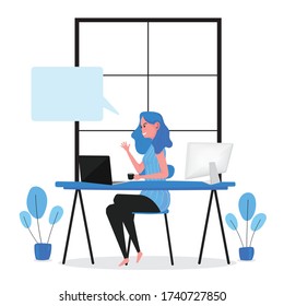 A cartoon of lady is working from home with computer and laptop