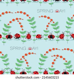 Cartoon ladybird. Cute insect background. Cheerful picture with the inscription spring day. 