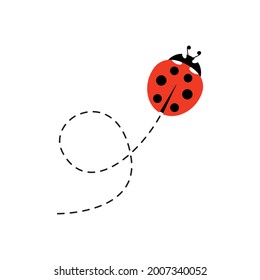Cartoon ladybird icon. Ladybug flying on dotted route. Vector isolated on white background.