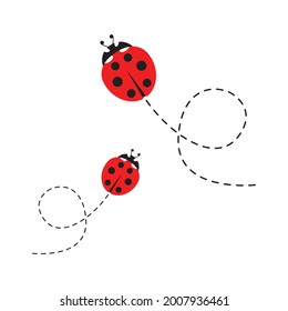 Cartoon ladybird icon. Ladybug flying on dotted route. Vector isolated on white background.