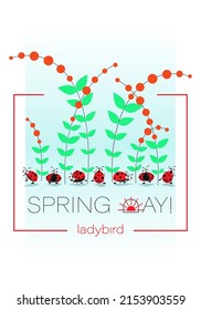 Cartoon ladybird. Spring poster.  Cute insect background. Cheerful picture with the inscription spring day and funny characters for baby textile. Vector illustration.