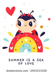 Cartoon ladybug card. Cute kids character. Little beetles with polka dot. Ladybird on rainbow. Love heart. Red insects smile. Children holiday. Happy animal. Summer