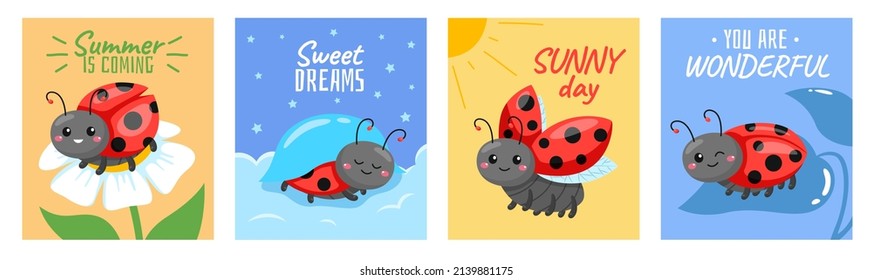 Cartoon ladybug cards. Baby pretty insects, childish cartoon beetle characters, cute red beetle sitting on leaf or flower, funny square posters with text. Spring, summer seasons vector set