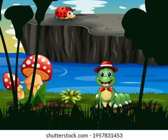 Cartoon a ladybug and caterpillar playing in the river