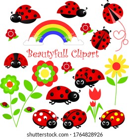 Cartoon ladybug collection set,clipart ladybug with garden and rainbow,perfect for your design or project