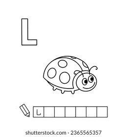 Cartoon ladybug coloring pages. Learning game for small children - write a word in English language. Vector alphabet for kids
