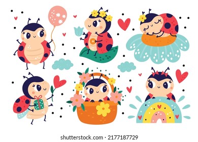 Cartoon ladybug. Cute insect characters. Bright red funny beetles with polka dots. Cartoon bugs with flowers and balloon. Ladybird on rainbow and clouds. Small animal