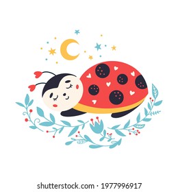Cartoon Ladybug. Cute sleeping ladybird with moon and stars. Bug nursery poster. Funny insect for kids. Dotted flying beetle. Vector illustration isolated on white background. 