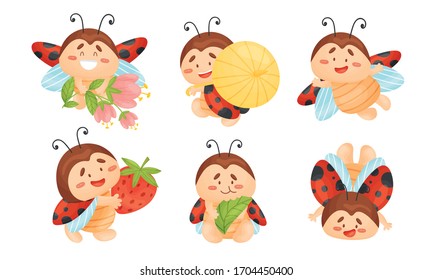 Cartoon Ladybug Eating Green Leaf and Carrying Ripe Strawberry Vector Set