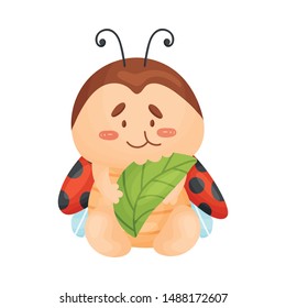 Cartoon ladybug eating. Vector illustration on a white background.