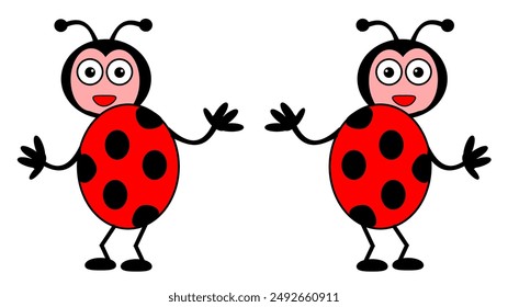 A cartoon ladybug with a face, two arms and legs. Isolated on a white background.