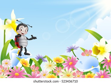 Cartoon ladybug in the flower field