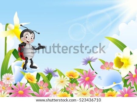 Cartoon ladybug in the flower field